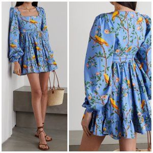 Agua Bendita Avena Canarios Mini Dress L Domingo Bird Print Blue Cotton Tier NWT